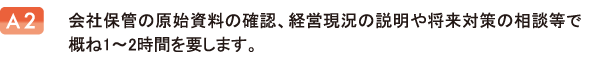 会社保管の原始資料の確認、経営現況の説明や将来対策の相談等で概ね1〜2時間を要します。